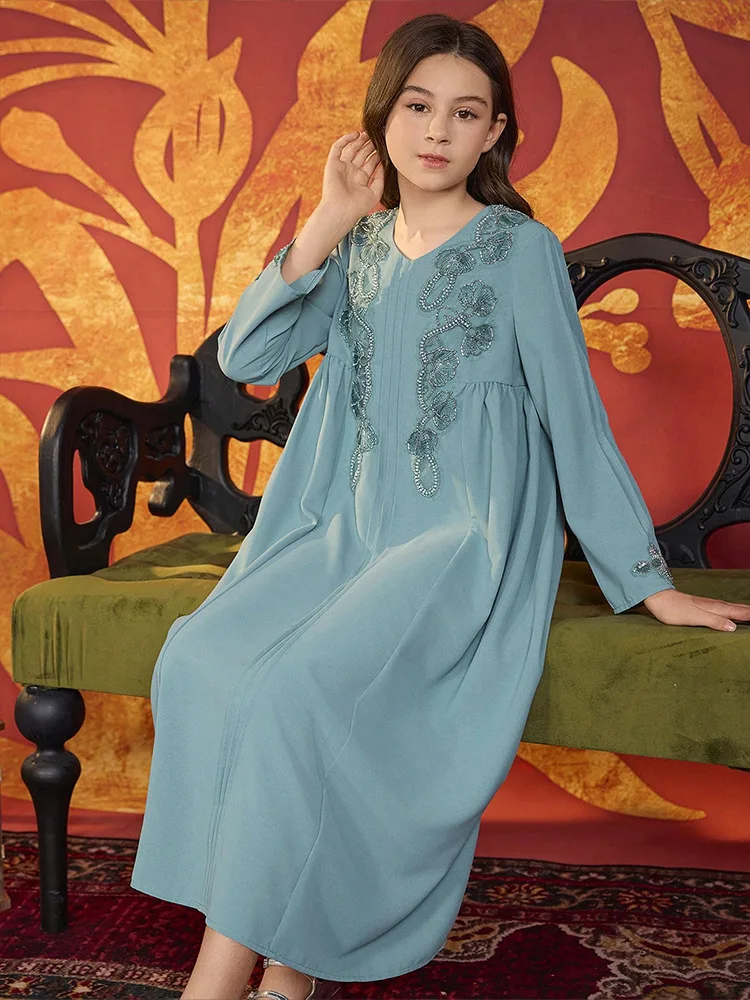 Elegante Perlen Abayas für Kinder Mädchen Muslimischen Kleid Ramadan Eid Djellaba Dubai Kaftan Marokko Robe Arabisch Abaya Kaftan Vestidos