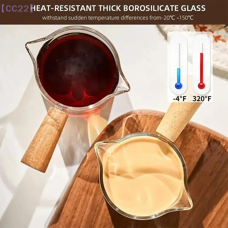 【CC22】75ml Heat-resisting Glass Espresso Measuring Cup Double Mouth Milk Jug With Wood Handle Scale Measure Mugs{C} view 2