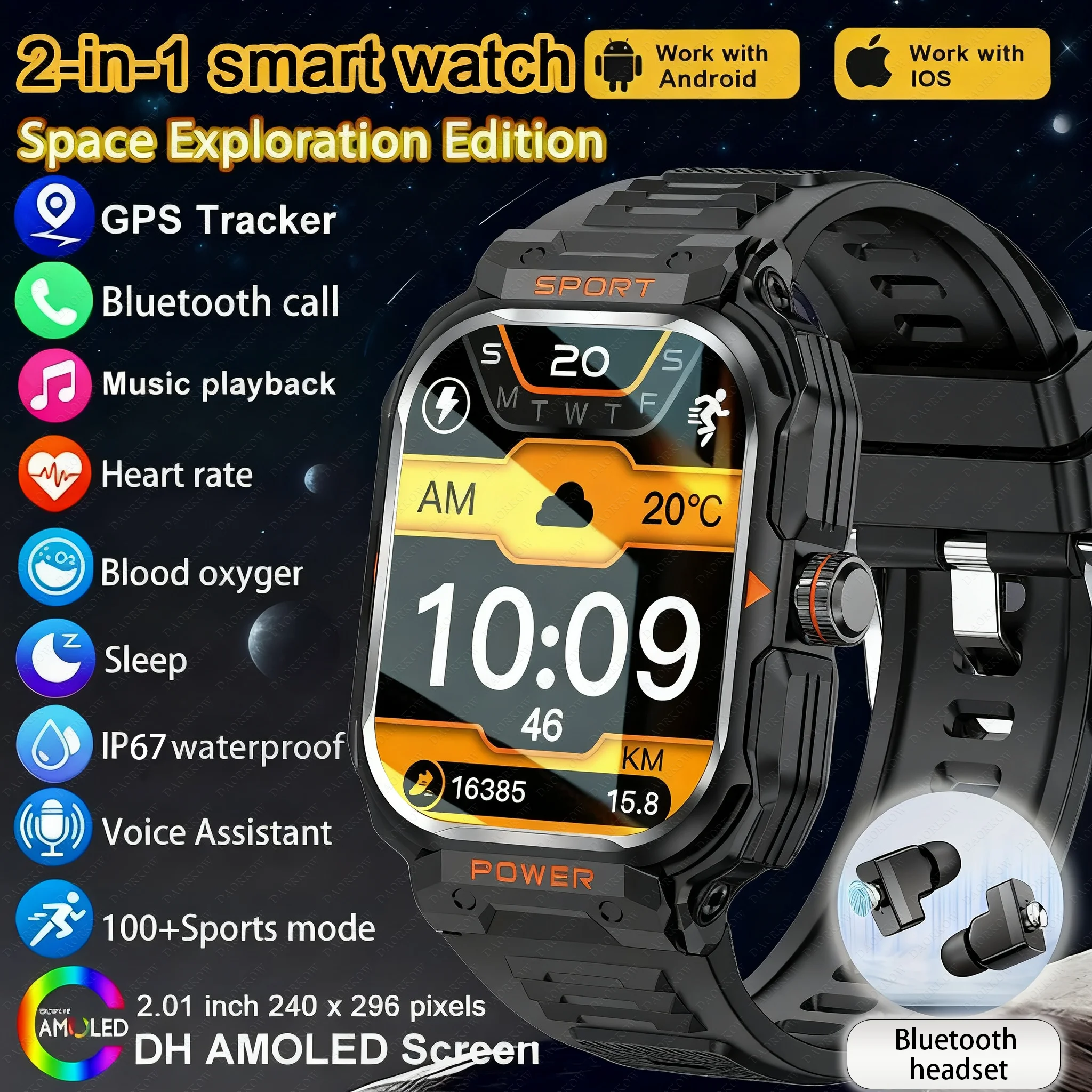 

2025 2 In 1 Smart Watch With Earbuds TWS Bluetooth Earphone Heart Rate Blood Pressure Sport Fitness Smartwatch Music Watch Men