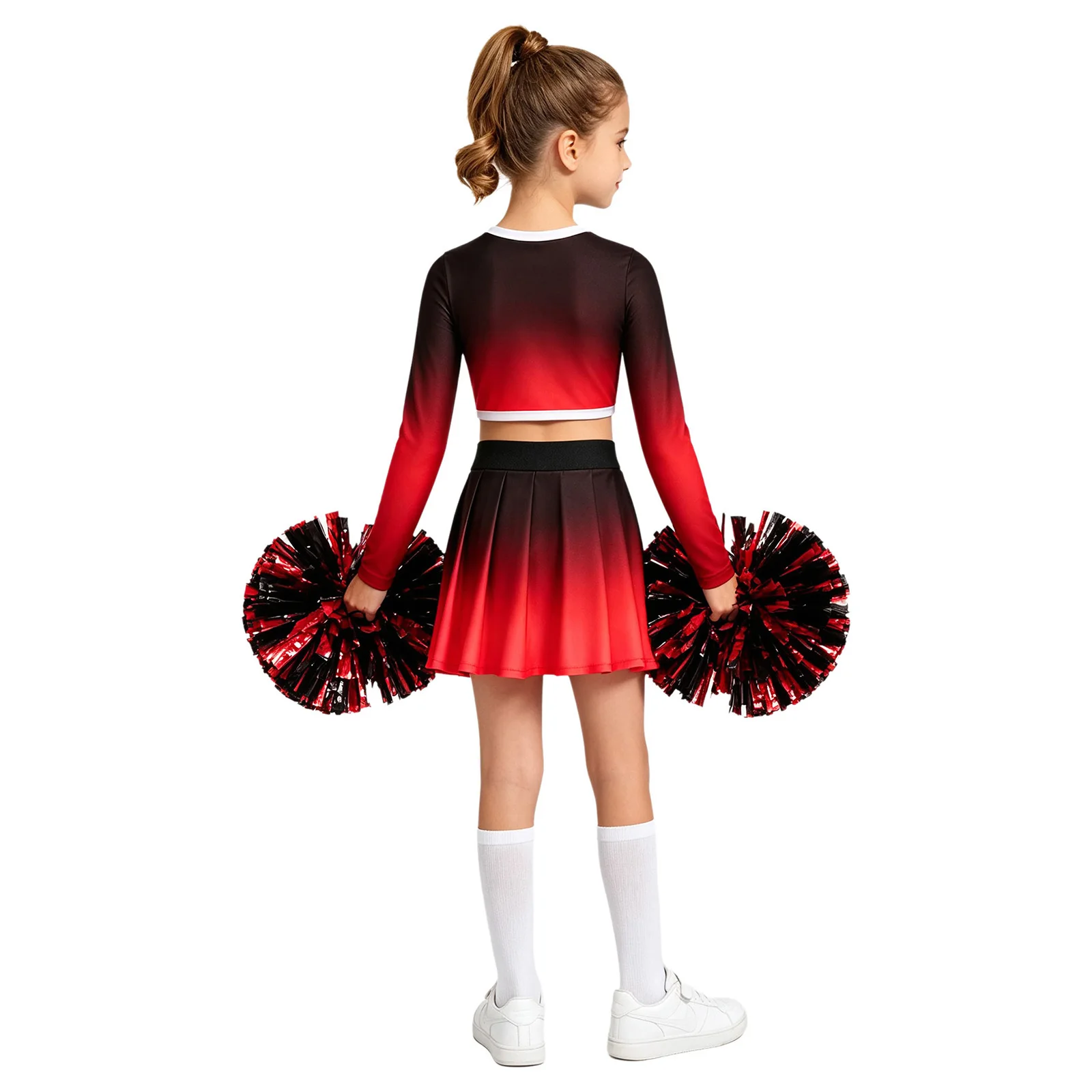 Cheerleader-Kostüm für Mädchen mit Farbverlauf, CHEER-Buchstabendruck, langärmeliges Crop-Top mit V-Ausschnitt, asymmetrischer Rock, Kinder-Cheerleading-Uniform – Detail 6