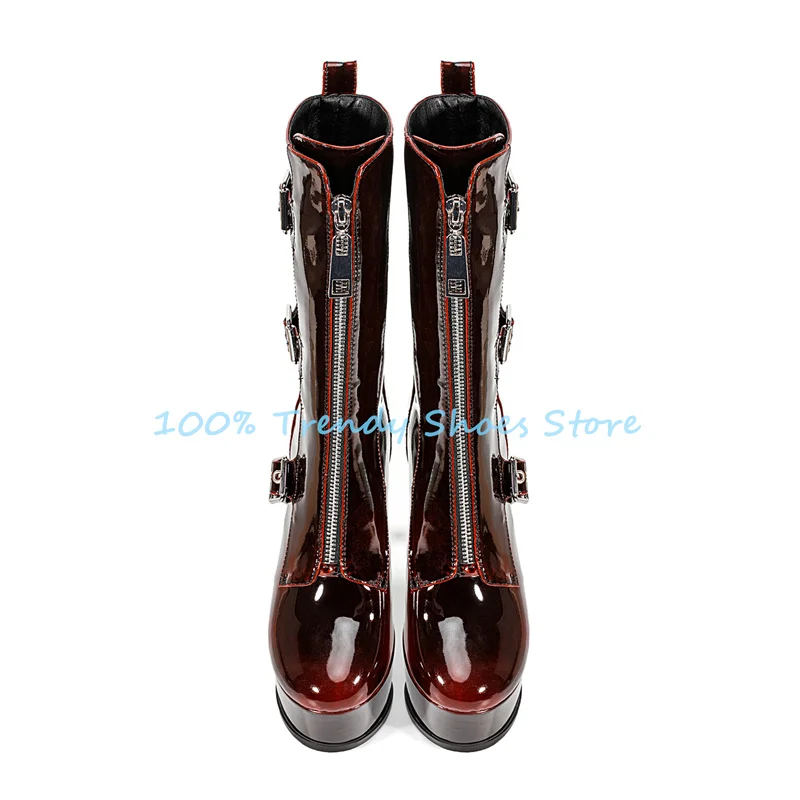 

Women Super High Heel Patent Leather Mid-Calf Boots Punk Belt Buckle Chunky Platfrom Motorcycle Boots Ladies Dance Dress Shoes