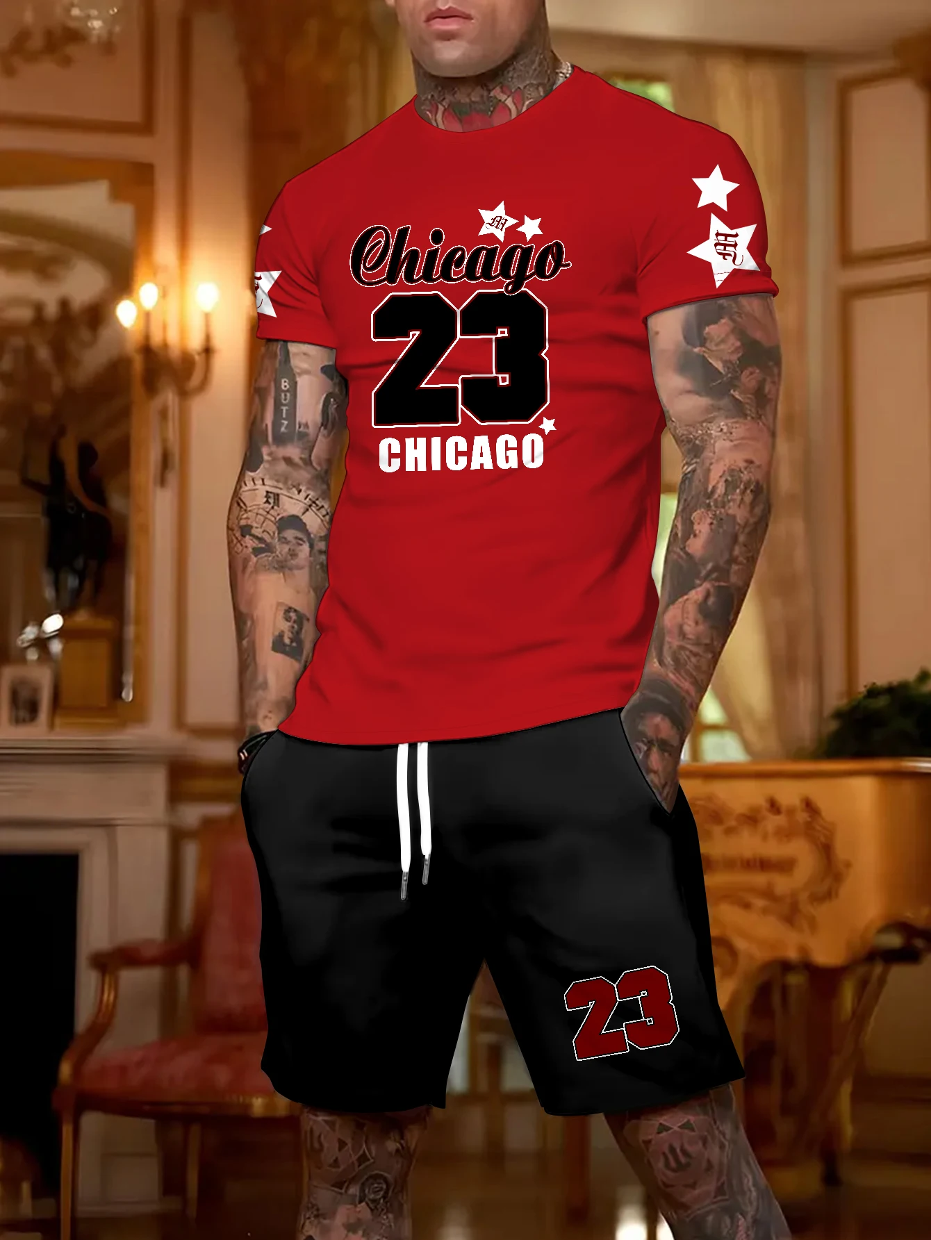 

2026 Black New Men's Short Sleeve Set T-shirt High-end Fashion Trend Versatile Men's Wear Top