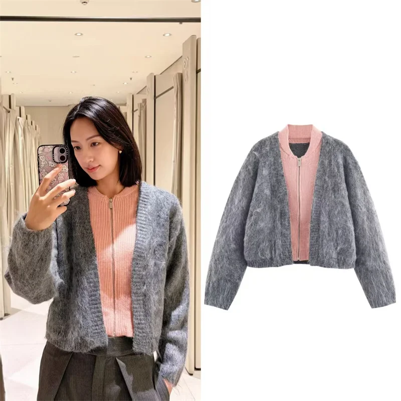 

Women's Jacket 2025 Winter New Gray and Pink Patchwork Two-in-One Zipper Knit Cardigan Jacket Casual Fashion Personalized