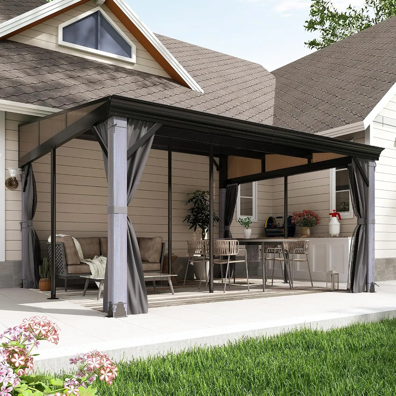 12' x 14' Hardtop Wall Mounted Gazebo, Lean to Gazebo with Galvanized Steel Roof Wood Frame Wall Gazebos Pergola, Customized