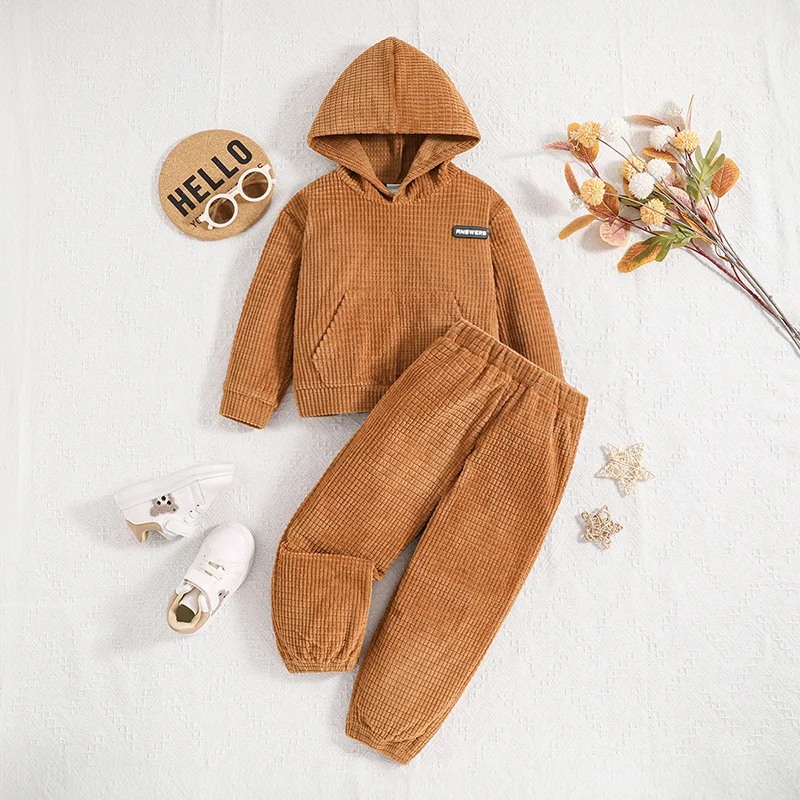 

Клетчатый свитер с капюшоном и длинными рукавами для девочек с карманами, брюки с эластичной резинкой на талии, весенне-осенний повседневный простой костюм из двух предметов