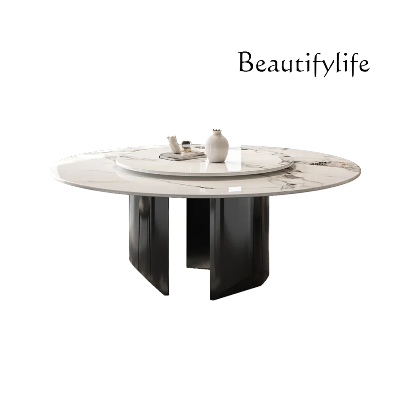 

Bright rock slab round dining table and chair combination with turntable light luxury household round table simple restaurant