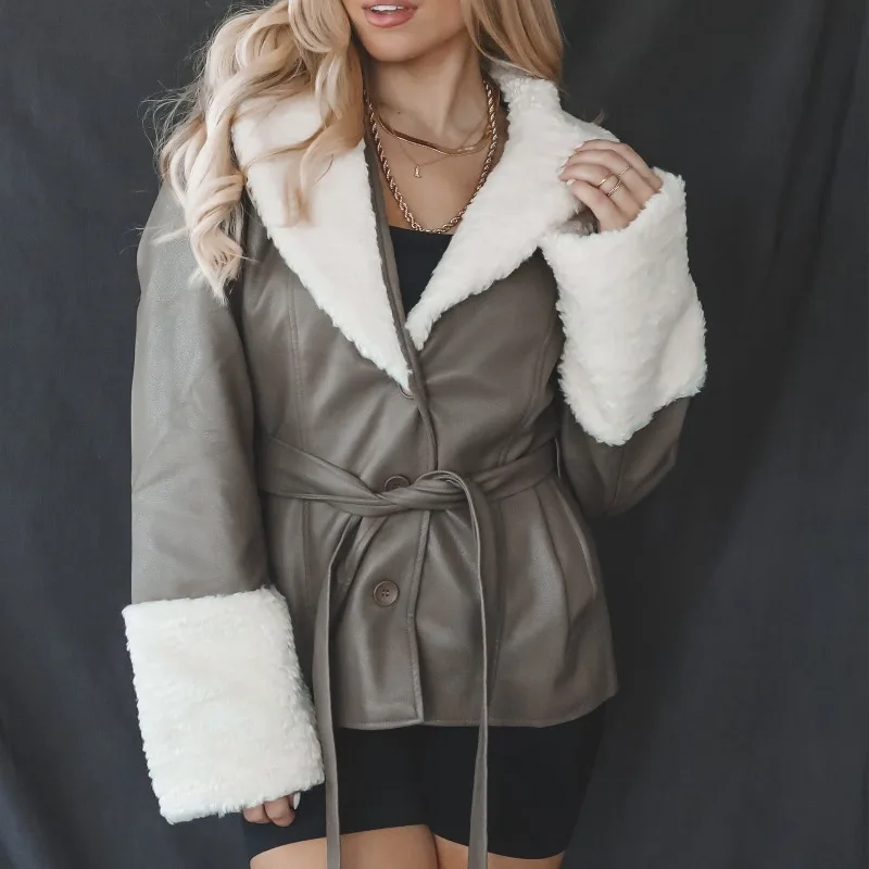 Winter PU Leder Revers Jacke Solide frauen Jacke Lange Ärmeln Spitze Up Fleece-gefüttert Jacke Neue Stil elegante Frauen Top
