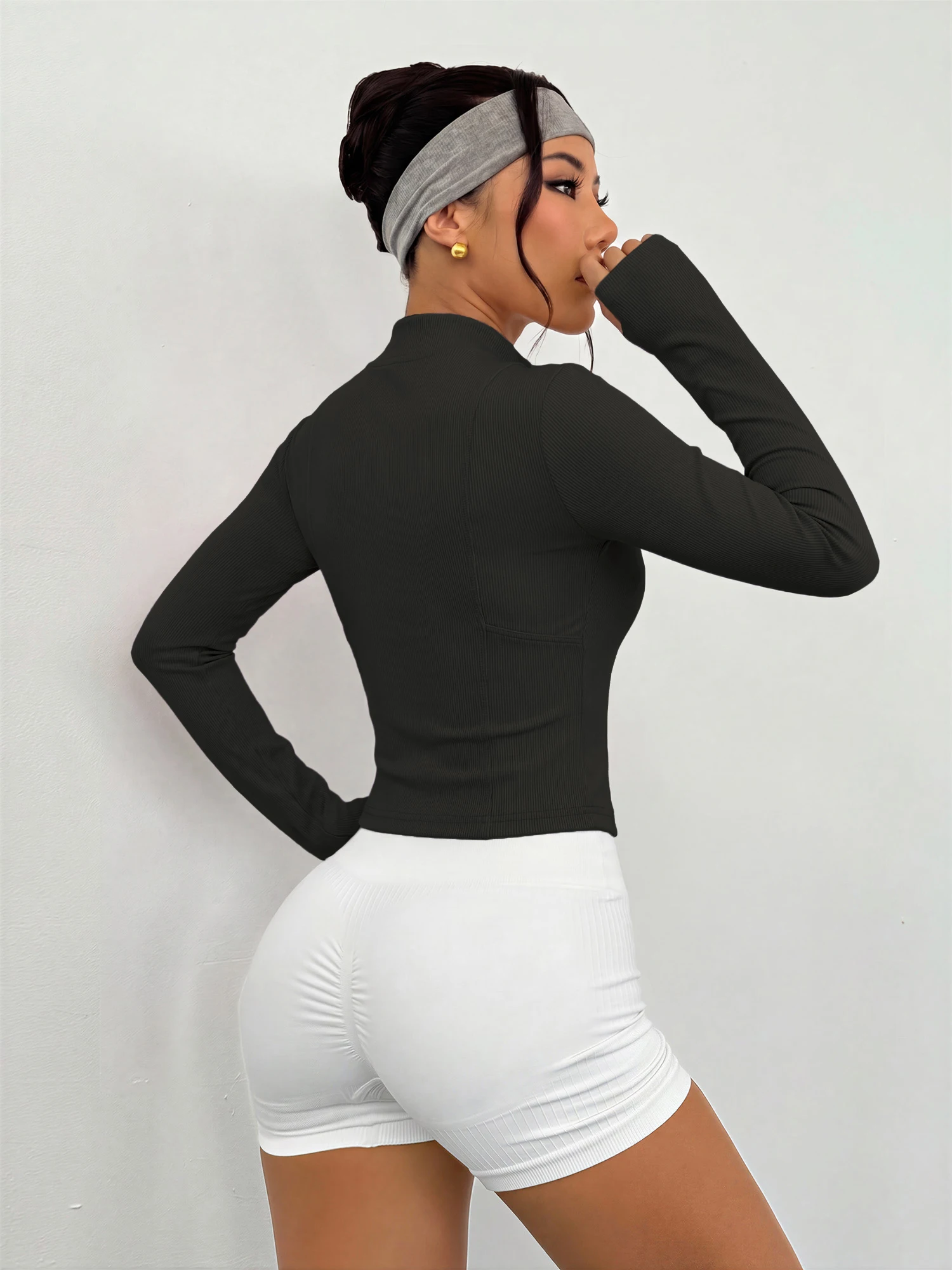 Women Y2K Streetwear Zip Up Jacket Stand Collar Long Sleeve Ribbed Slim Cropped Casual Top