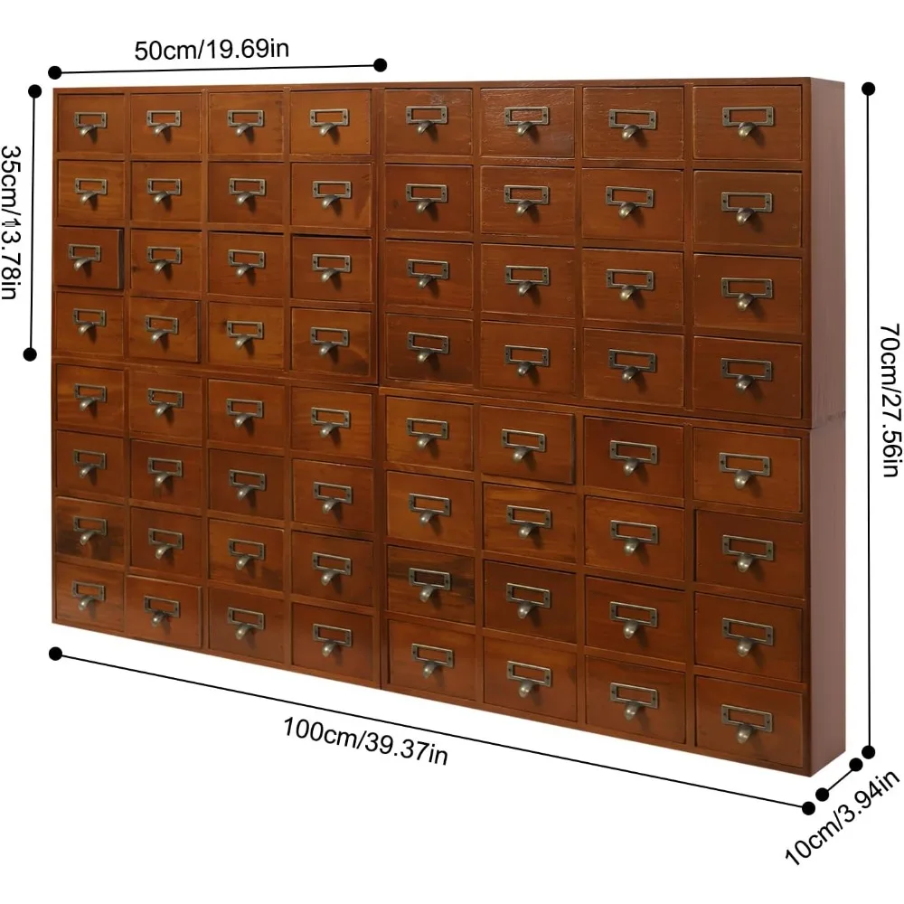 Wooden 64-Drawer Storage Cabinet, Traditional Apothecary Style, Library Card Catalog, Herb Organizer with Label Holder
