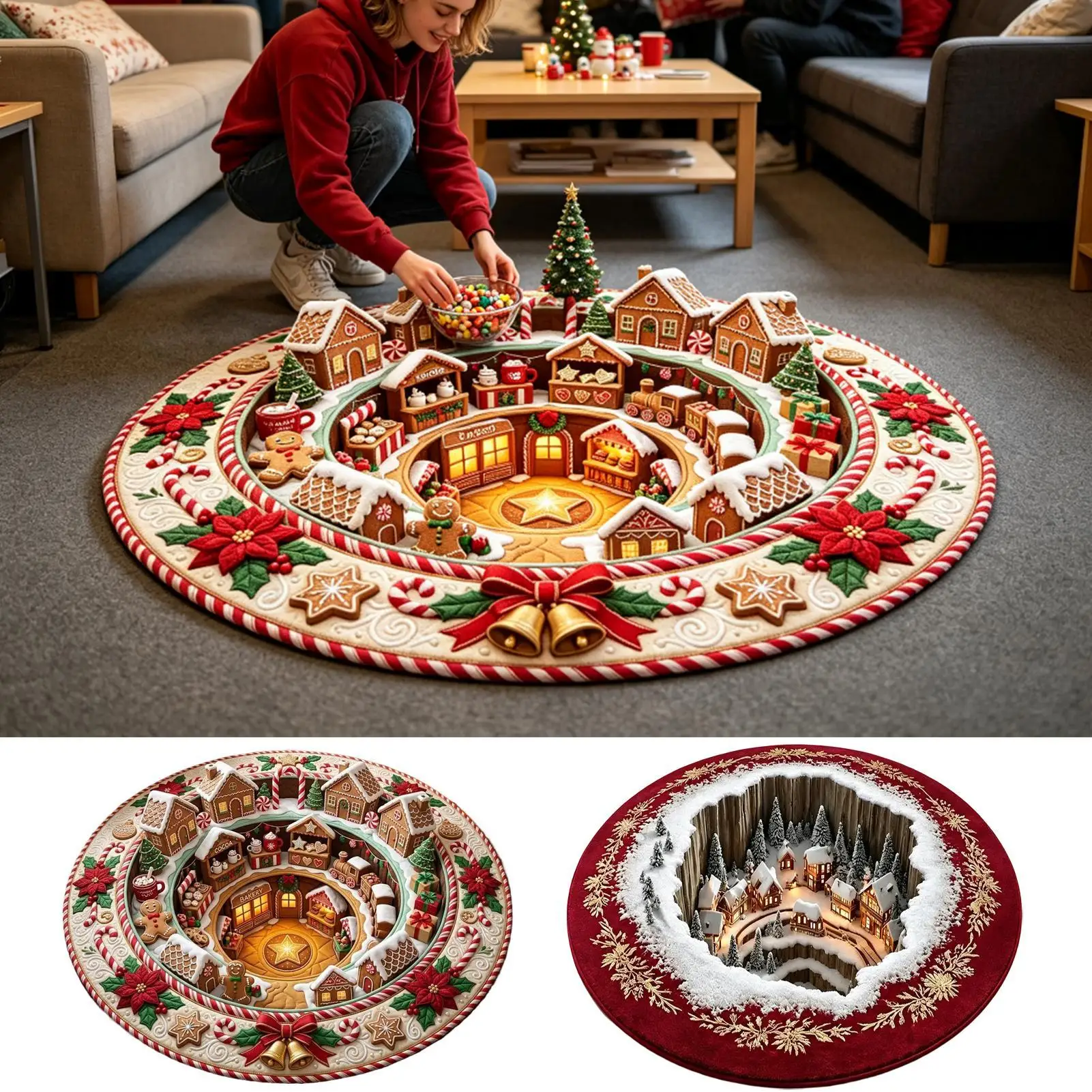 80/100cm Christmas Optical Illusion Rug Christmas Snowy Landscape Print Round Rug Non Slip Floor Mat Halloween Home Party Decor