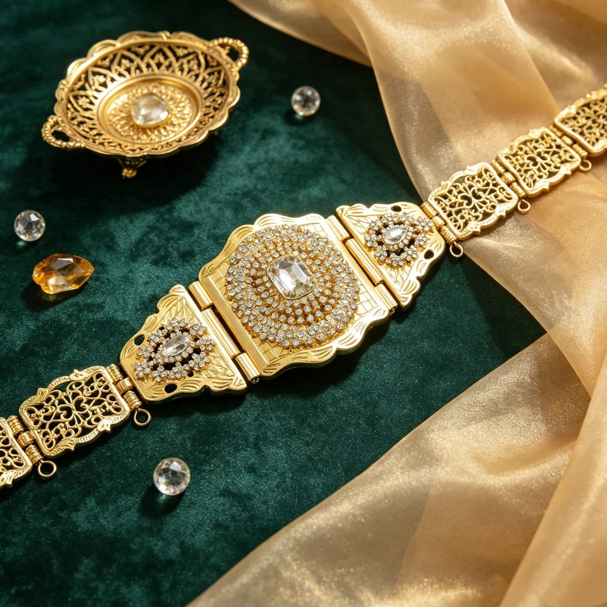 Shiny Gold Plated Metal Wedding Belt with Hollow out Pattern Moroccan Belt for Parties