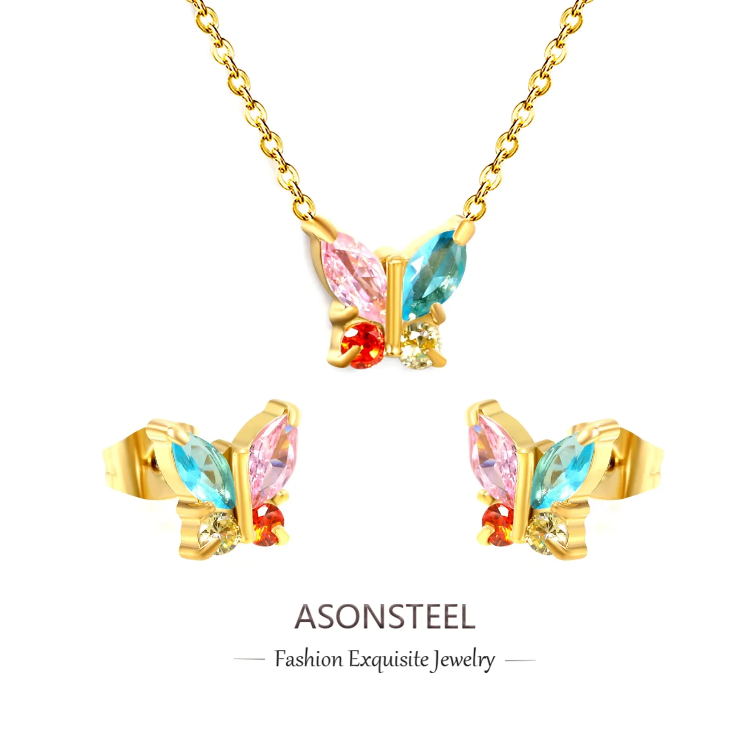 ASONSTEEL Delikatne błyszczące cyrkonie w kształcie motyla Naszyjniki Kolczyki Zestaw biżuterii Stal nierdzewna Moda Wodoodporny