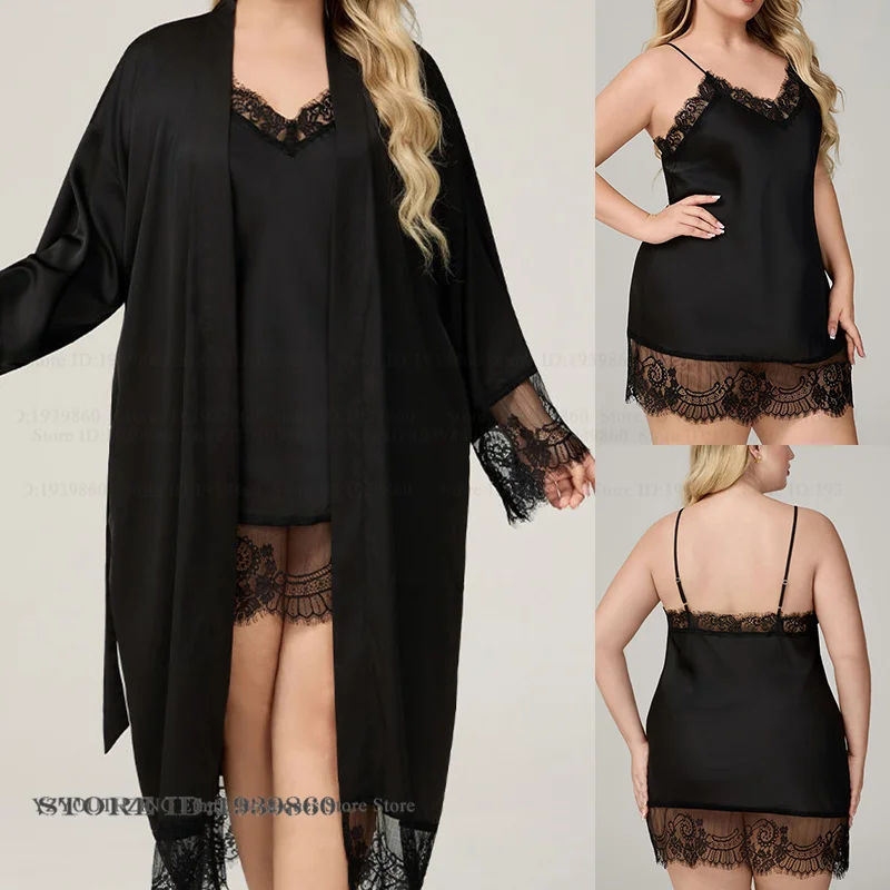 

Oversize Women's Silk Satin Long Robe Nightgown 2Pcs Set Loose Casual Pajama Sleepwear Sexy Lace Lingerie Night Wear Homewear