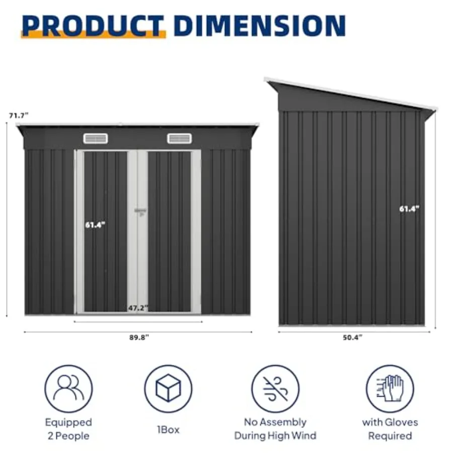 ShedsOutdoor Storage: 8X4 FT Galvanized Steel Shed, Gray, Rust-Resistant with Sloping Roof Lockable Door