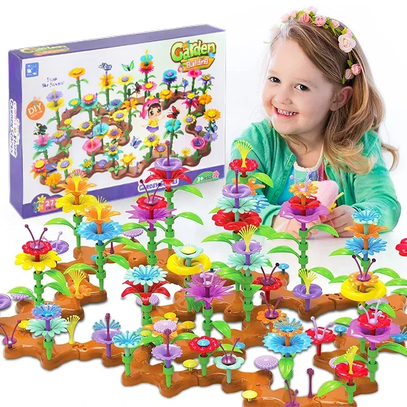 Jouets de construction de jardin de fleurs pour enfants, assemblage de blocs de construction de plantes bricolage, jeux d'empilage créatifs, jouets Montessori dos