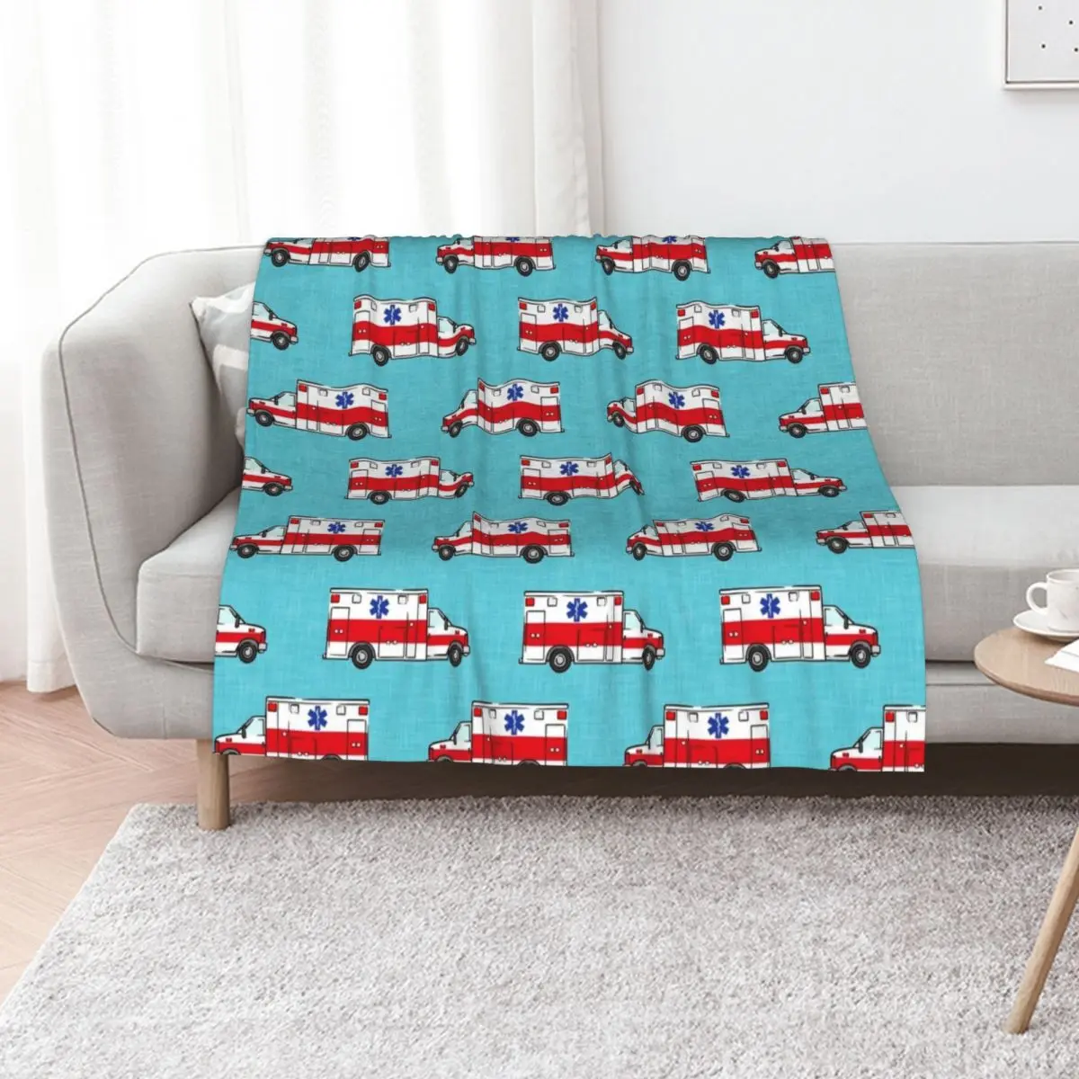 Ambulance on Teal Throw Blanket Thermal Giant Sofa Furry Extra Large Throw Kid'S Retros Blankets