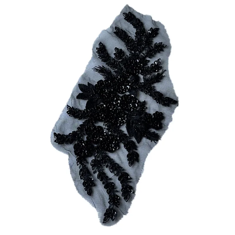 1Ps Black Sequin Lace Patch Mesh Embroidery Fabric Flower Bead Applique Sewing For Wedding Evening Dress Clothing Accessory Diy