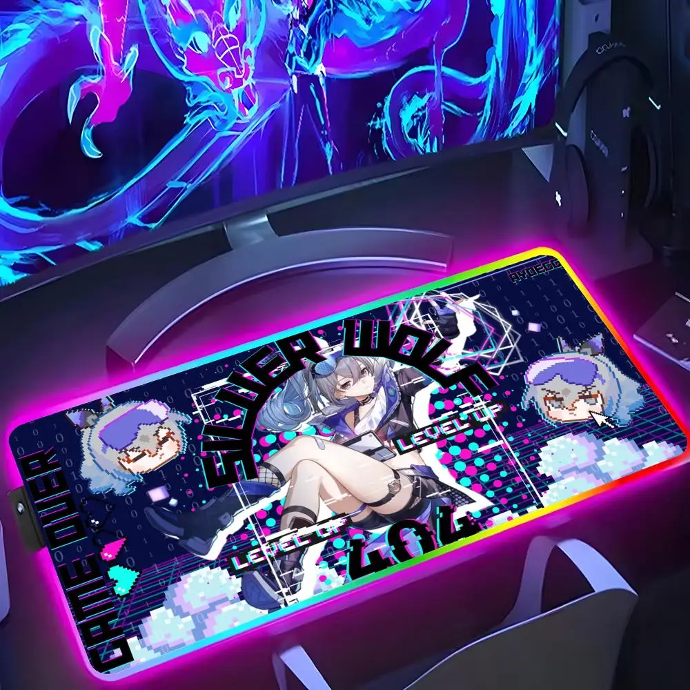 

Game Cartoon Girl Silver Wolf Mouse Pad RGB Luminous 900X400mm Large Table Mat Non-slip Extra Large Game Office Mouse Pad