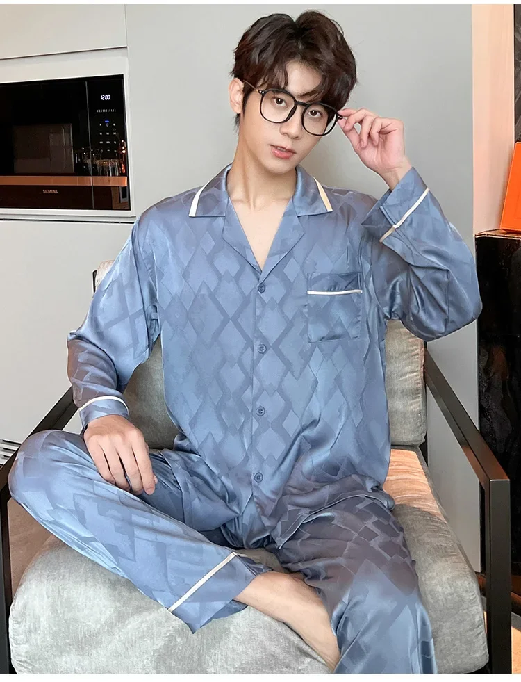 High Quality Men's silk pajamas long sleeve nightgown Solid color jacquard  home wear men's satin sleepwear set