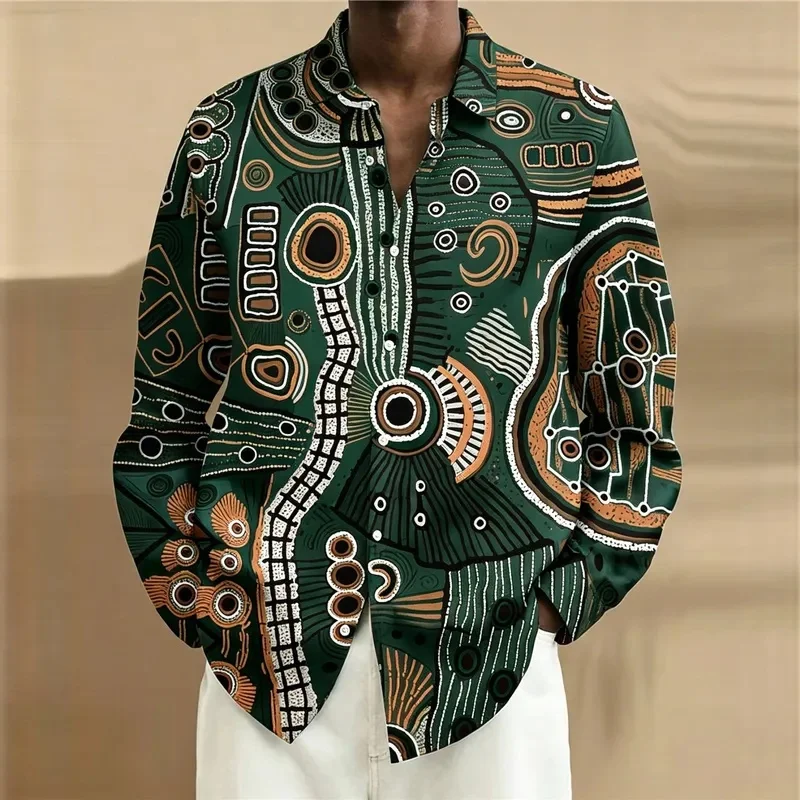 Men's African Tribal Abstract Print Long Sleeve Shirt, Line Geometric Pattern, Ethnic Casual Button Down for Spring