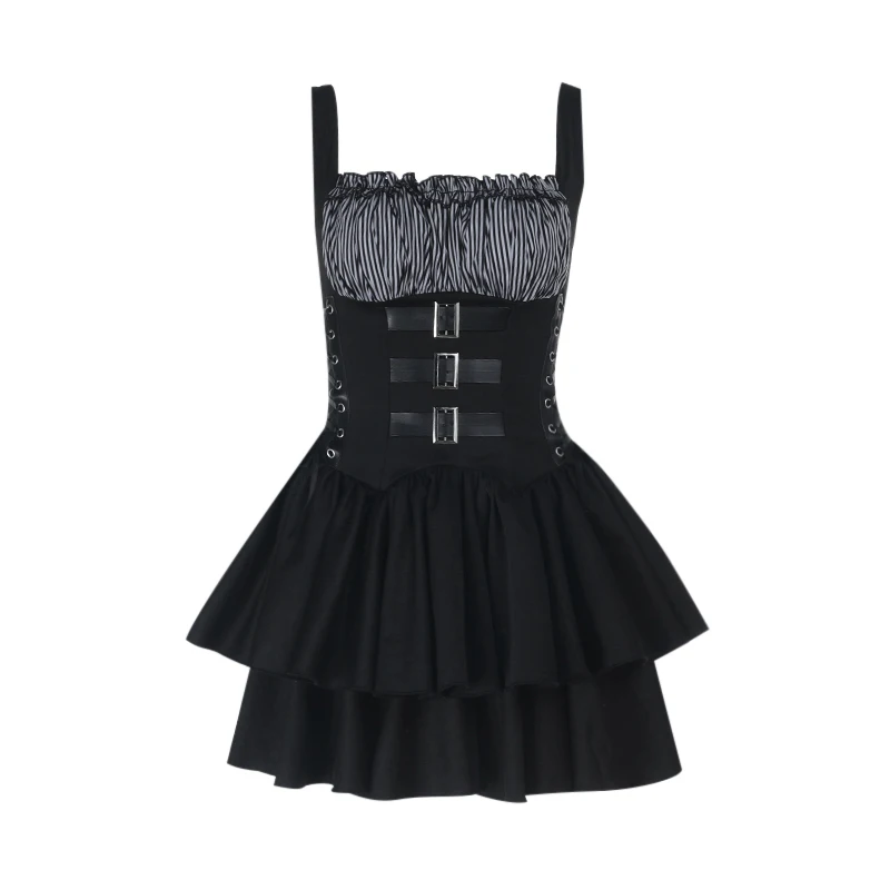 Mini abiti a corsetto con lacci senza maniche a righe nere gotiche Grembiule a maniche corte con cravatta Y2K Abito da donna vintage alla moda preppy