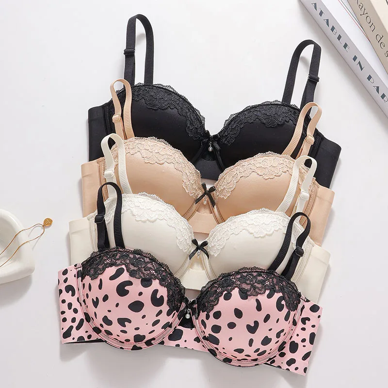 Lencería Sexy con Estampado de Leopardo, Sujetador para Mujer, Nuevo Estilo Francés, con Diseño Reforzado y Acolchado