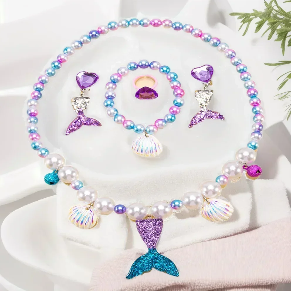 5pcs Girls Jewelry Sets Mermaid Pearl Necklace Bracelet Ring Earring Set Kids Toy Children Princess Dress Up Fashion Accessories