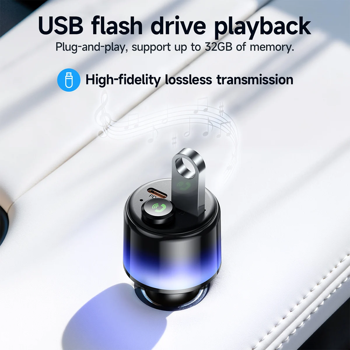 HOCO PD30W QC3.0 Samochodowy Bluetooth 6.0 FM Transmitter Zestaw Głośnomówiący Odtwarzacz MP3 Muzyka 360 Stopni Kolorowe Oświetlenie Ambientowe Zapalniczka Samochodowa — zdjęcie produktu 4