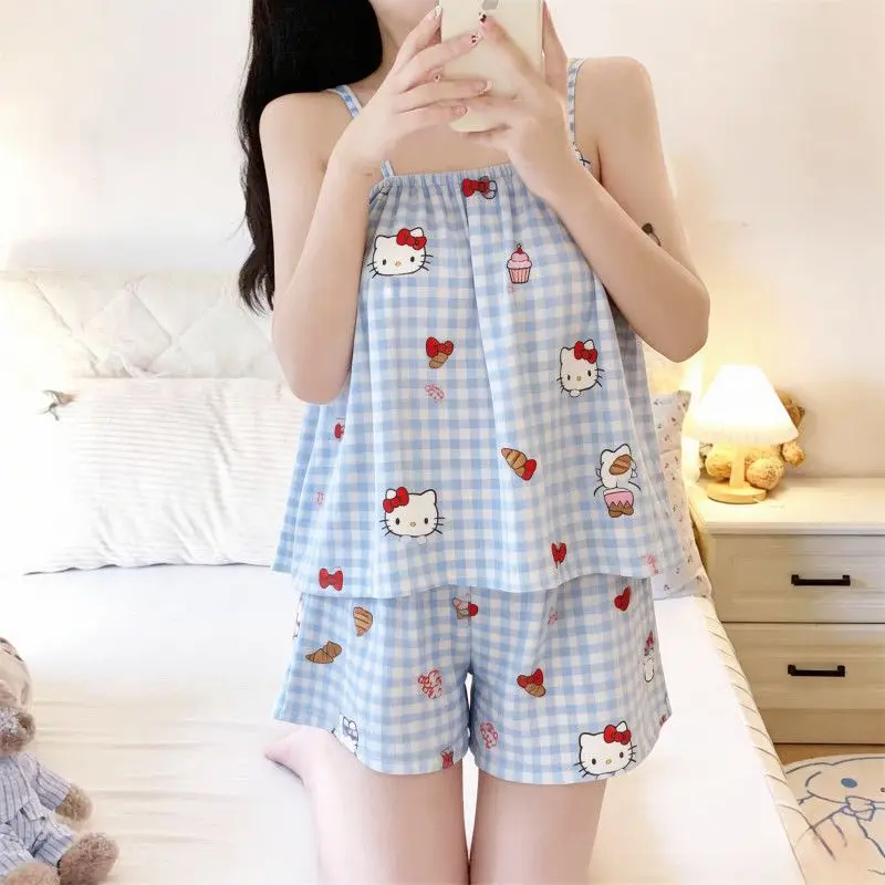 

Сексуальная пижама Sanrio Hello Kitty для женщин: шорты, ночная сорочка без рукавов, летняя пижама, кавайное неглиже, ночная сорочка с завязками на шее, домашний комплект