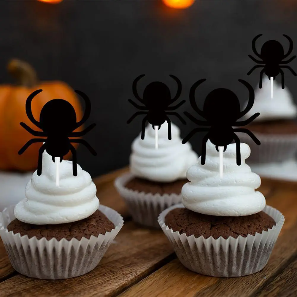Halloween Party Decor Halloween Dessert Accessories Halloween Cupcake Toppers Set with Black Spider Skull Bat for Theme Birthday