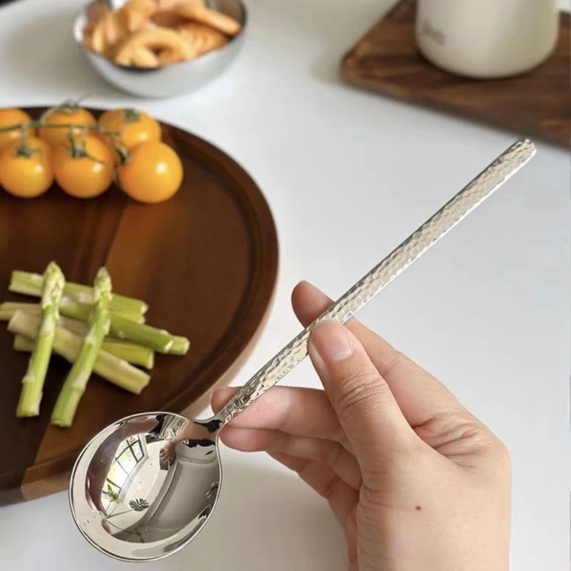 1pc Kitchen Dinner Stainless Steel Round Spoon Long Handle Stirring Dessert Spoons Kitchen Accessories Gadgets