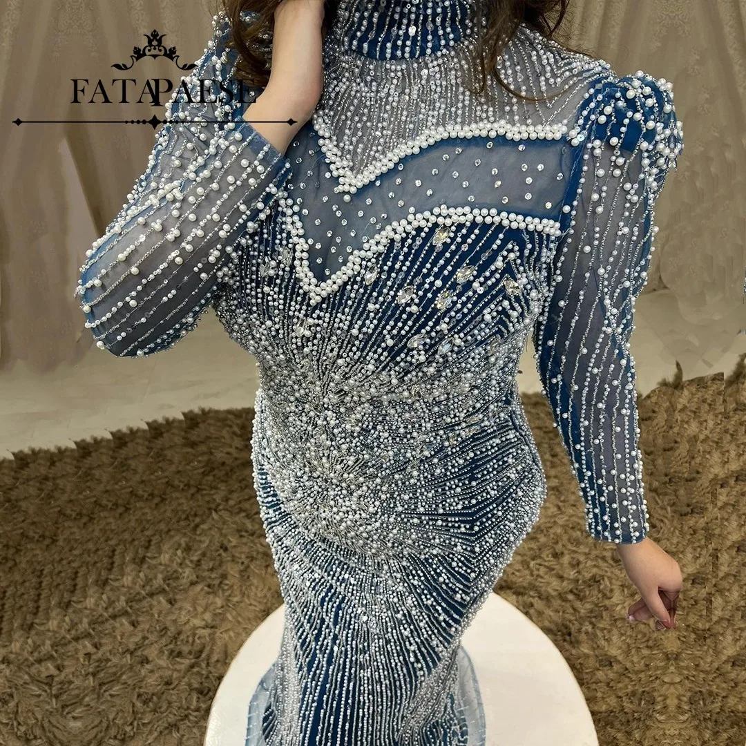 FATAPAESE Customzied Prom Dress Hihg-neckline Full Over Beadings Zircon Pearls Stones Full-sleeve Mermaid Gown for Formal Party