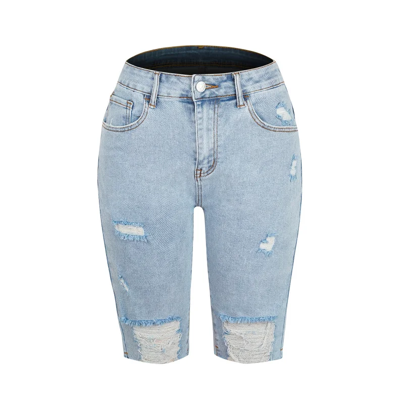Nuovi pantaloni skinny estivi ad alta elasticità Pantaloni a cinque punti a vita media Jeans strappati Donna Hot