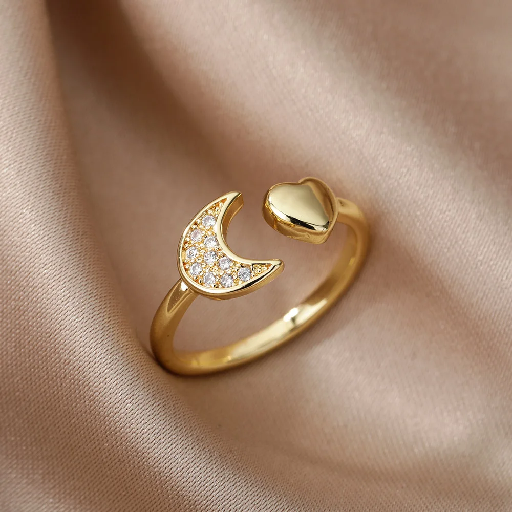 Zircon Heart Rings For Women Stainless Steel Gold Color Adjustable Open Finger Ring Wedding Aesthetic Jewelry Gift 2024