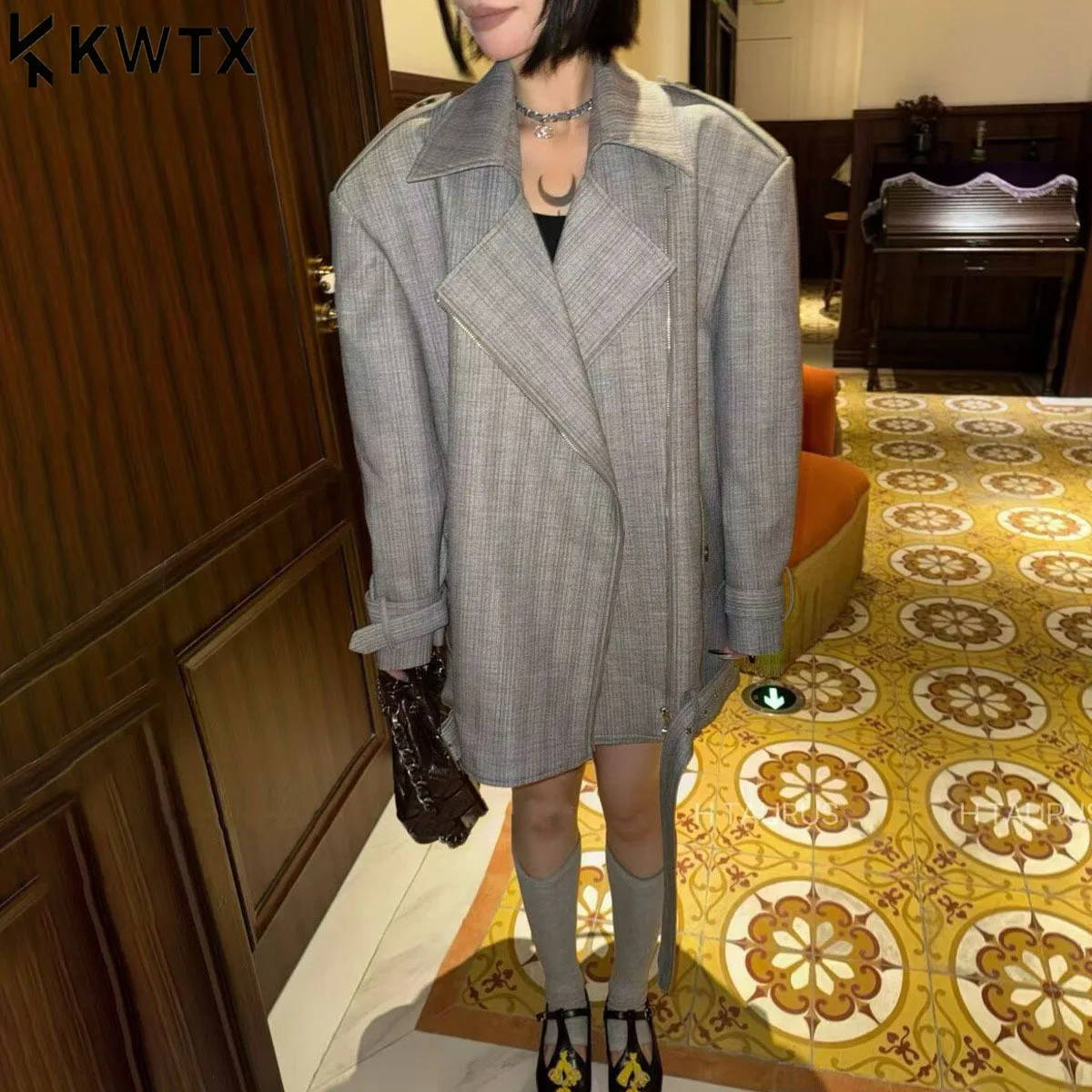 

KWTX Women’s Casual Color Block Striped Blazer Jacket Vintage Chic Belted Zipper Notch Collar Premium Fall Winter 2025