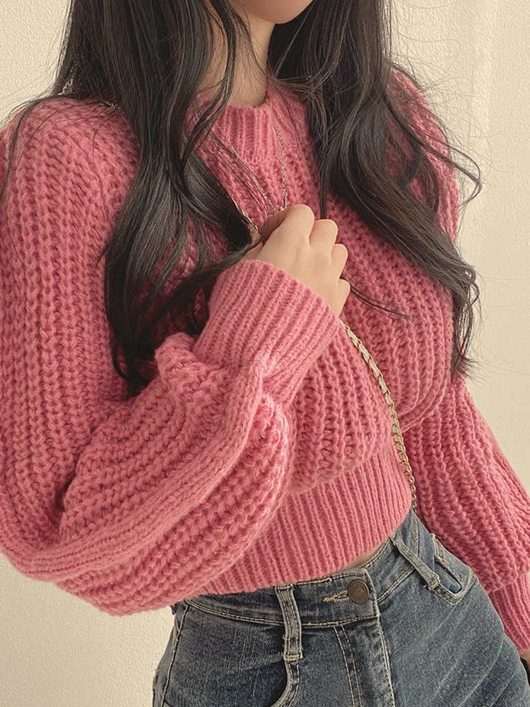 Sweater Women\'s Autumn And Winter Korean-style Age-reducing Pink Puff Sleeve Soft Waxy Season Fashion Loose Pullover Knitted Top