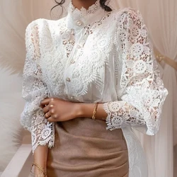 Vintage White Lace Shirt Blouse Women New Spring Loose Button Female Shirt Tops Stand Collar Crochet Hollow Casual Blouses 12928