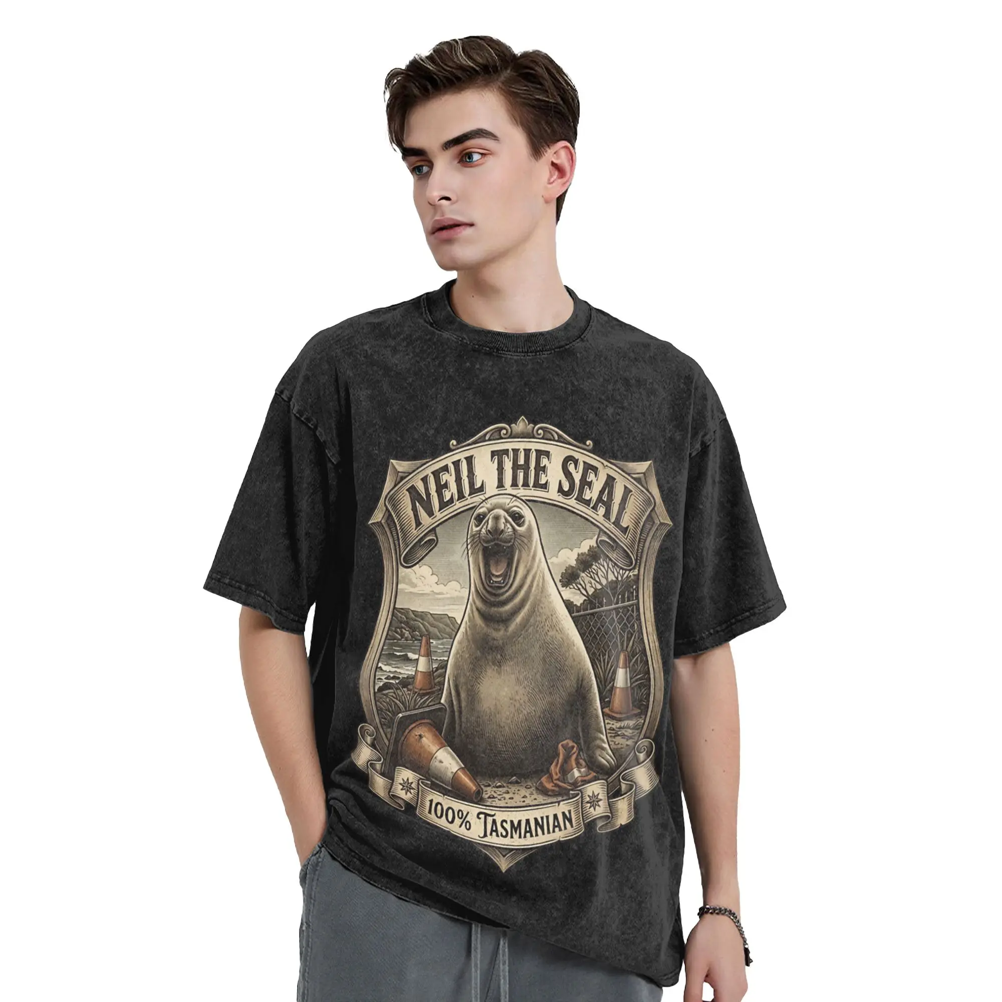 Neil The Seal Animal Lover T Shirts Washed Short Sleeve Oversize T-Shirts  Vintage for Men Women Top Streetwear Summer Tee Shirt