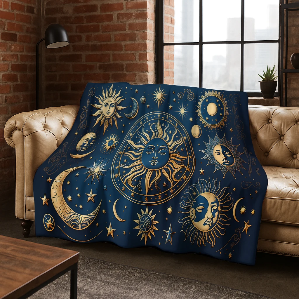Gothic Sun Face Moon Face Witchcraft Tarot Flannel Blanket Soft Warm Blanket for Bedroom Room Living Room Travel Camping Picnic
