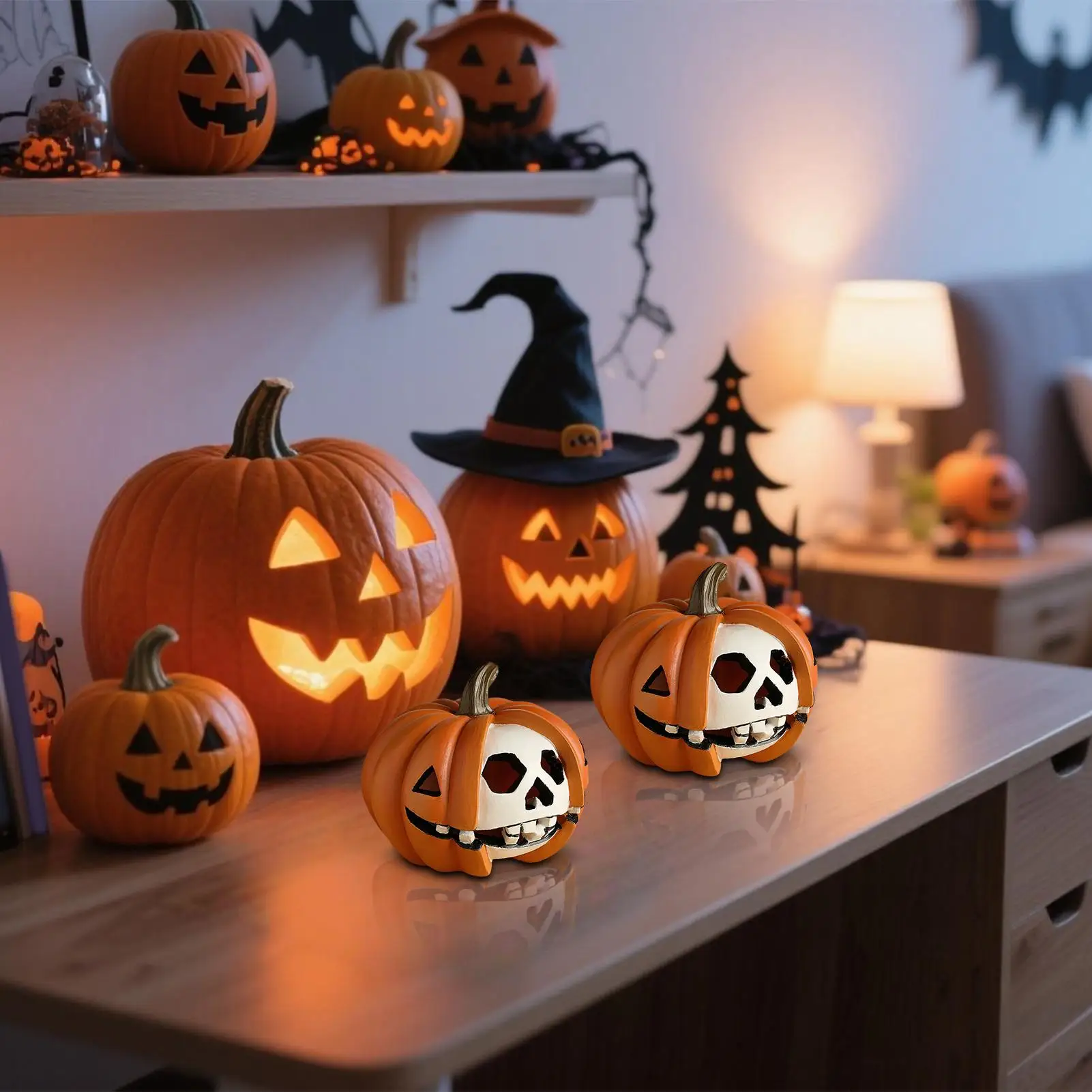 Pumpkin Decorations For Home Small Resin Skull Face Statue Pumpkin Statue For Fall Halloween Spooky Party Autumn Harvest Indoor