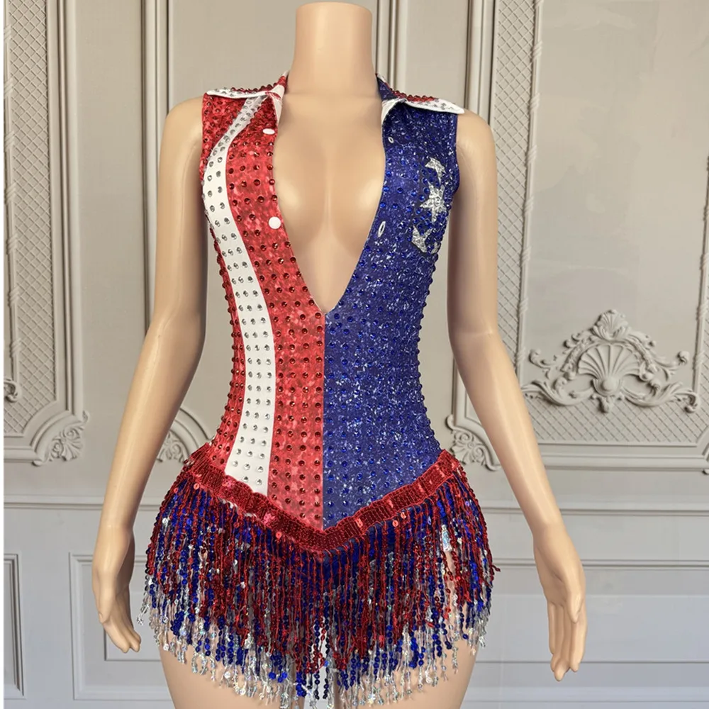 

Women Luxury Spandex Beading Tassel Bodysuits Tank V Neck Special Occassion Topic Evening Party Nightclub Cheerleaders Costumes