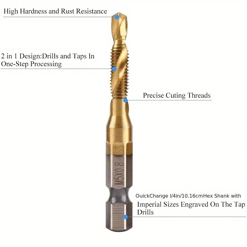 6pcs Titanium Drill Tap Combination Bit Set - Metric Thread M3 M4 M5 M6 M8 M10 Taps Tool for Screw Tapping Countersink Drilling