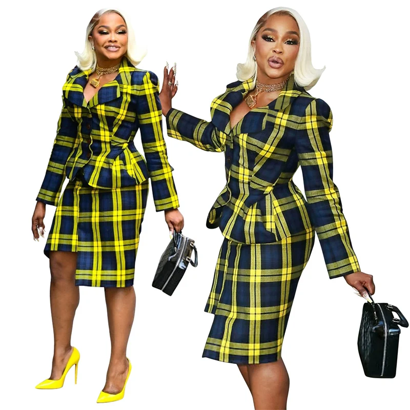 

Elegant Plaid Print Office Lady Two Piece Set Women Business Party Long Sleeve Notched Button Top and Mini Skirts Matching Sets