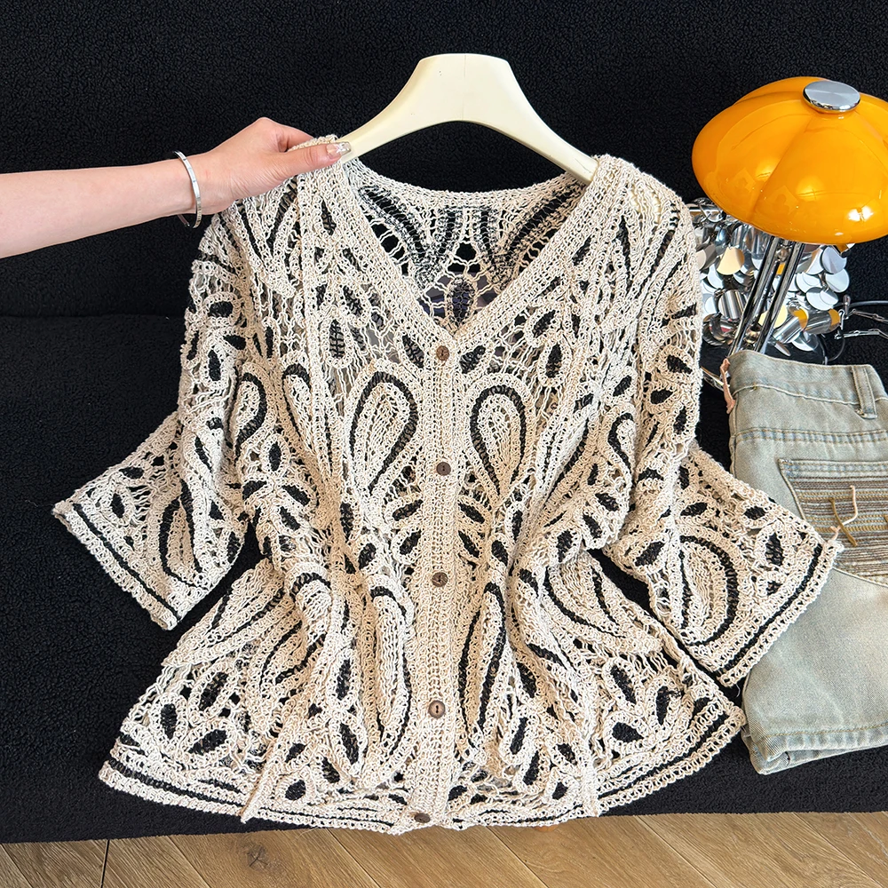 

plus Size Lace Hollow out V-Neck Shirt Women's Fashionable Summer New Style Commute Artistic Style Long Sleeve Button up Shirt