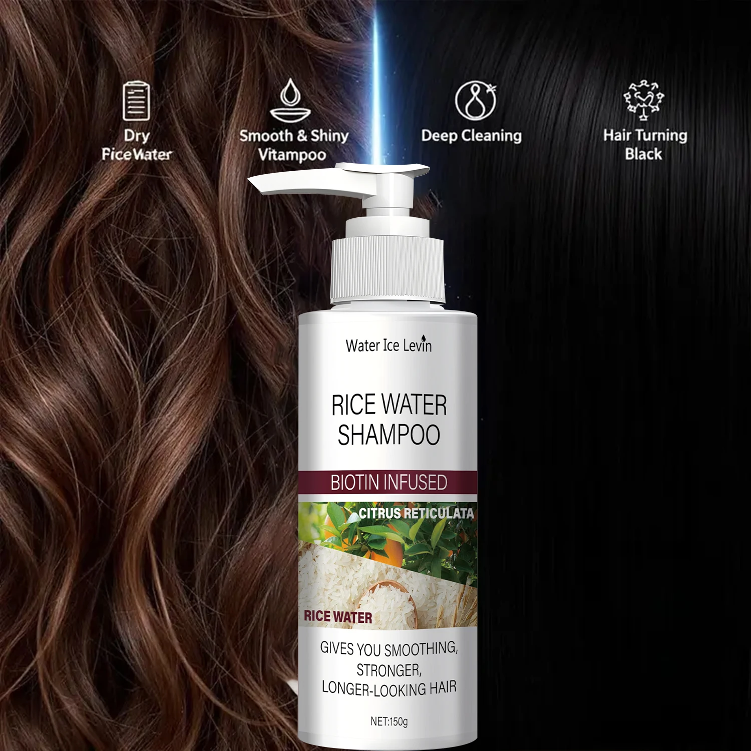 Champú de Agua de Arroz con Biotina y Queratina - Efecto Alisado y Fortalecedor, Fragancia Cítrica, Cabello Largo y Fuerte, Cuidado Invierno