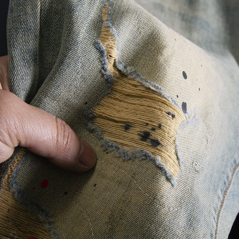 Splashed Ink Piercing Nine Point Jeans for Men, Slim Fit, Small Feet, Elastic Scratch Patch, Retro Trendy Denim Pants