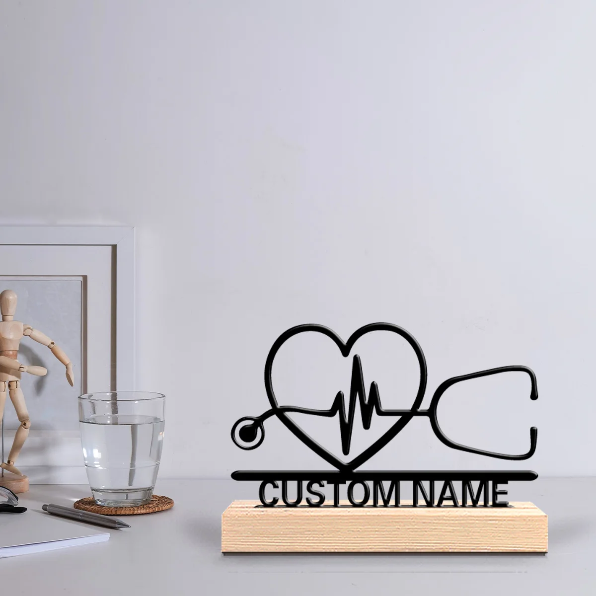 1pc Cute Personalized Custom Stethoscope Metal Statues Wooden Base Bar Decor for Kitchen, Dining Room, Modern Rustic Themes