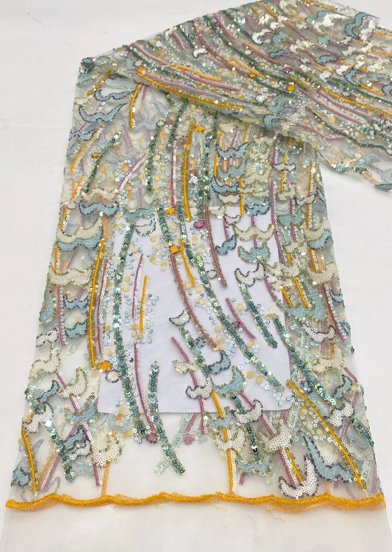 New 2+3+5+7+9mm colorful sequin embroidered sheer lace fabric,for women's dresses,evening gowns,sequin sewing fabric