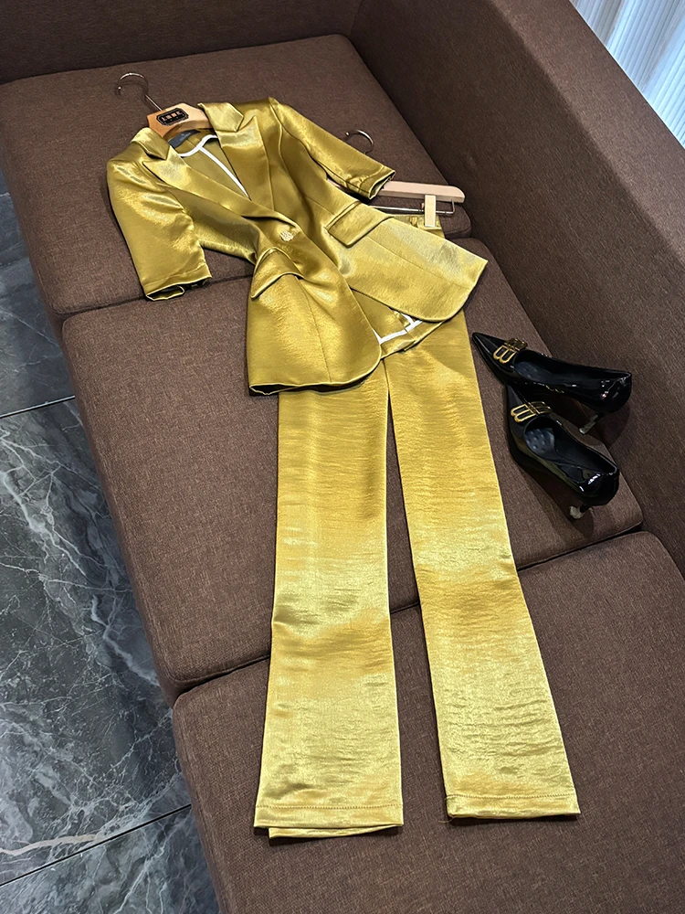 

Profional Yellow Acetate Satin Suit Set Faionable Ele Svel Women's Workwear Commute Sle Long Pants Autumn Se...