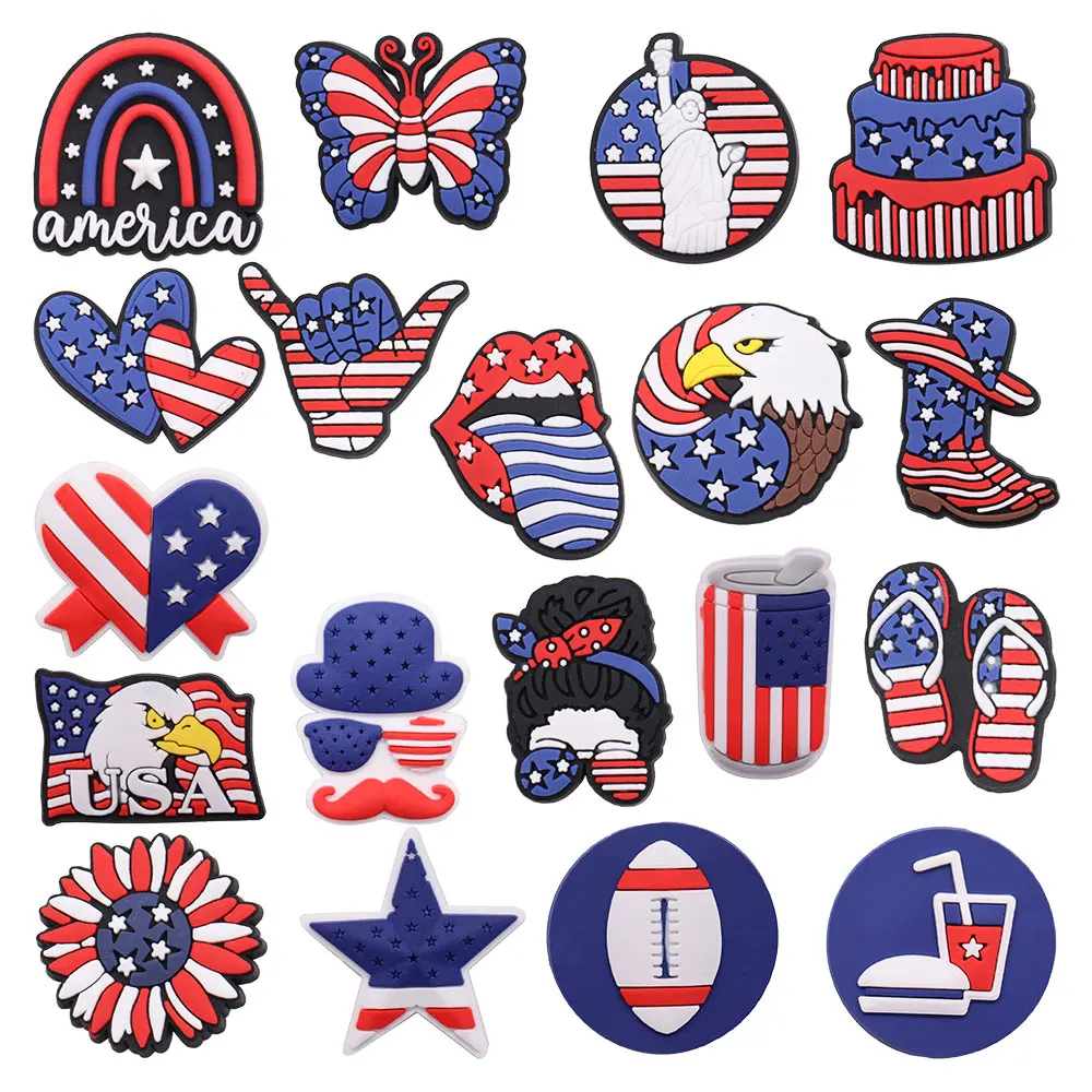 1-19PCS America Football Drinks USA Flower Statue of Liberty PVC Shoe Decoration Buckle Charms Clog Pin Hole Slipper Accessories